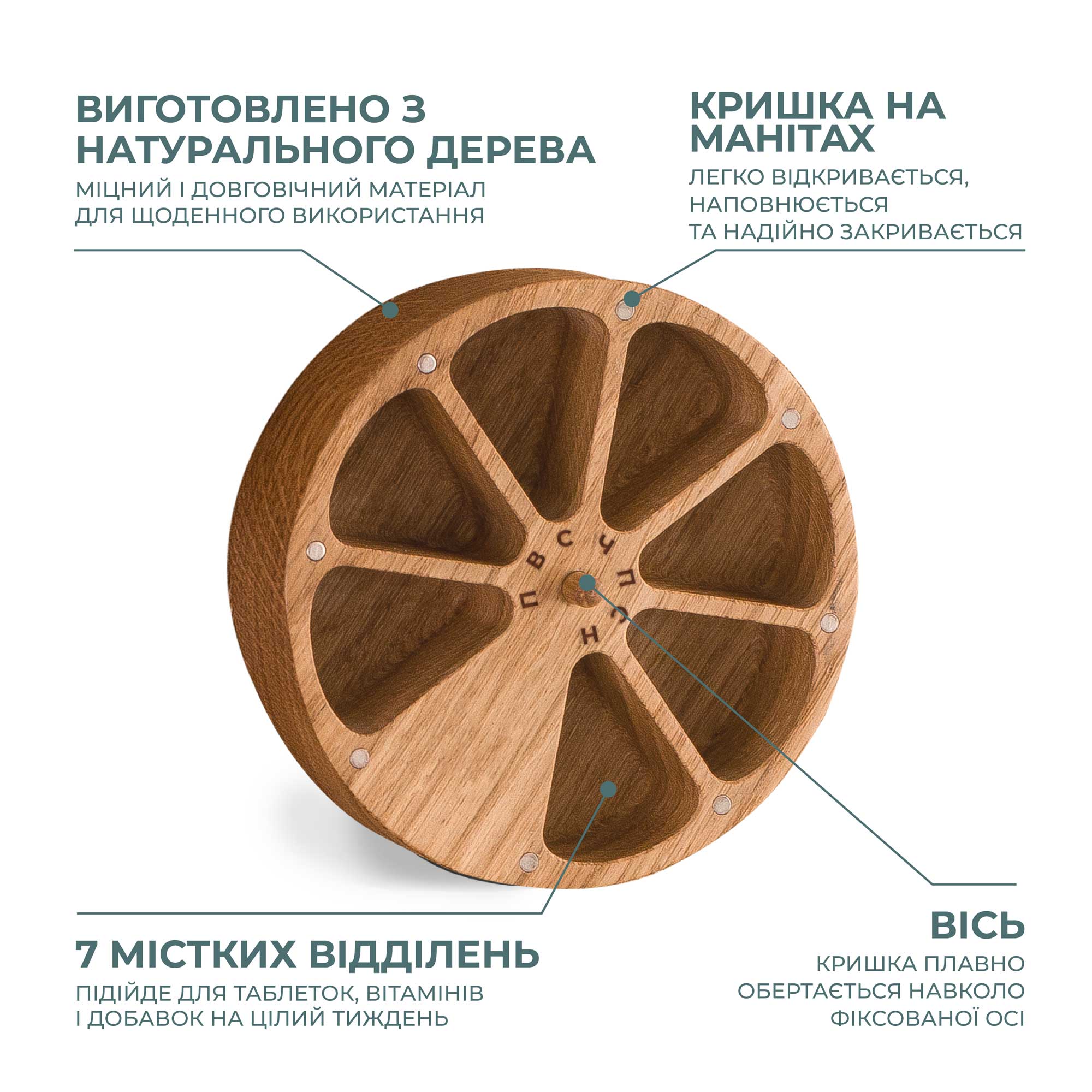 Таблетниця кругла з дерев’яною кришкою та дизайном M2 — фото 5